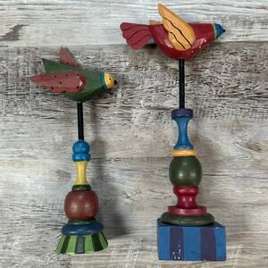 Hand Painted Wooden Folk Art Bird Sculptures – Whimsical Pair 11" & 9"
